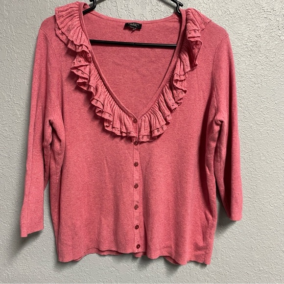 TALBOTS ruffled neck 3/4 sleeve cardigan women’s petite size large pink - Picture 1 of 3